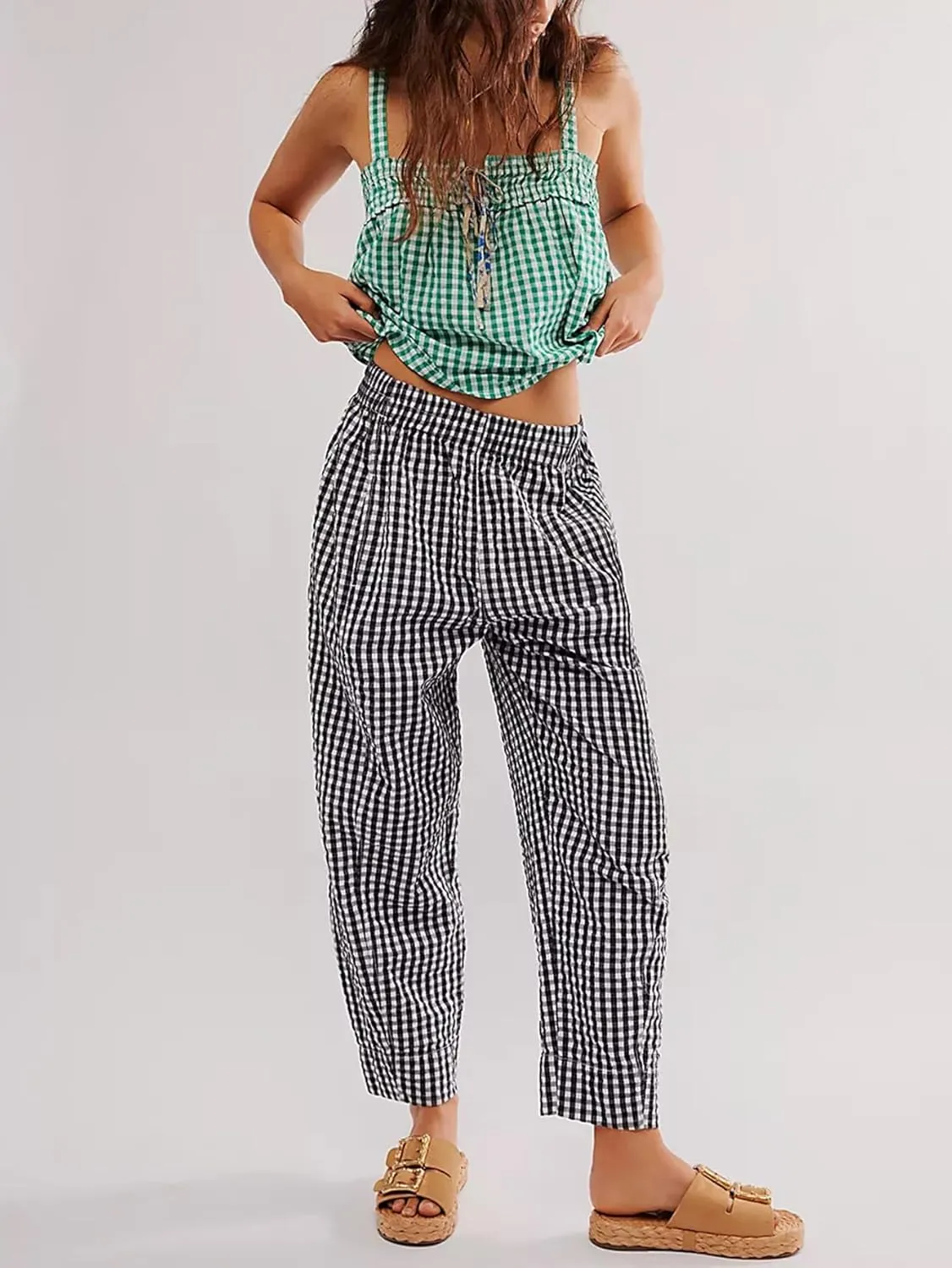 YKR Plaid Pants for Women Gingham Lounge Wide Leg Low Waist Pajama Pants Elastic Waist Trousers with Pocket
