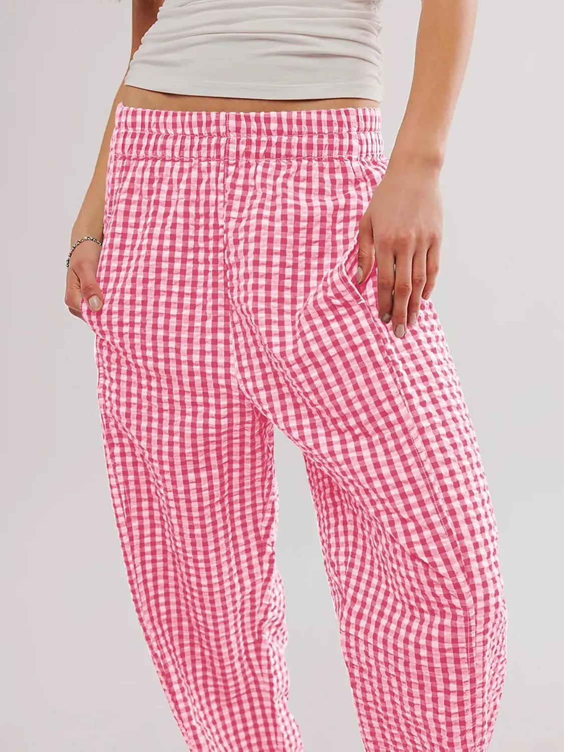 YKR Plaid Pants for Women Gingham Lounge Wide Leg Low Waist Pajama Pants Elastic Waist Trousers with Pocket