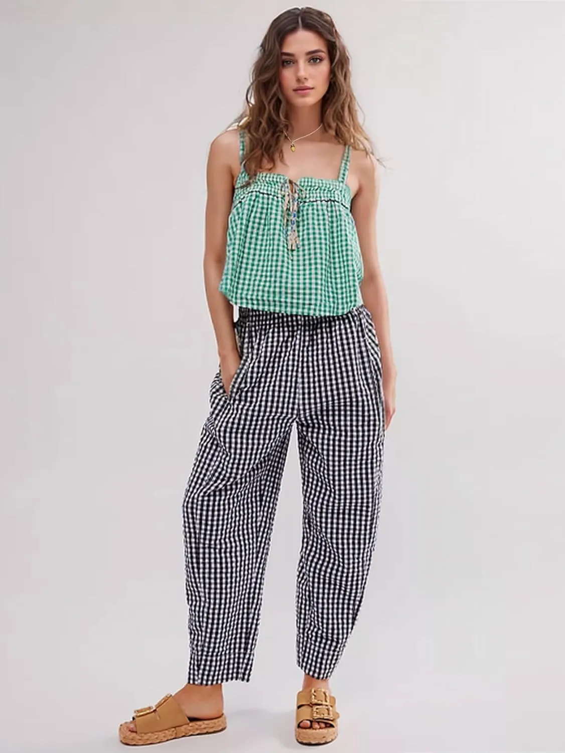 YKR Plaid Pants for Women Gingham Lounge Wide Leg Low Waist Pajama Pants Elastic Waist Trousers with Pocket