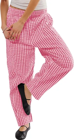 YKR Plaid Pants for Women Gingham Lounge Wide Leg Low Waist Pajama Pants Elastic Waist Trousers with Pocket