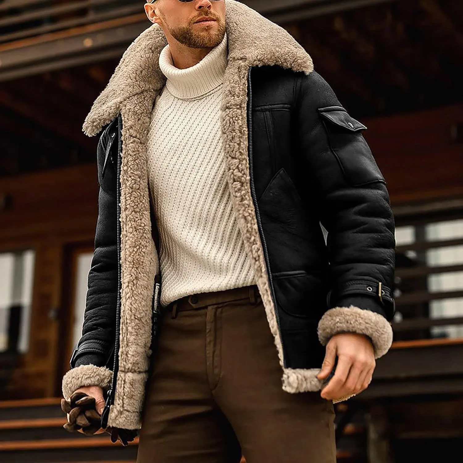 Ymosrh Men's Leather Coats Faux Sherpa Lined Bomber Jacket Winter Warm Turn-Down Collar Coats Jacket, M-5XL