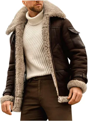 Ymosrh Men's Leather Coats Faux Sherpa Lined Bomber Jacket Winter Warm Turn-Down Collar Coats Jacket, M-5XL