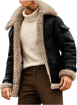 Ymosrh Men's Leather Coats Faux Sherpa Lined Bomber Jacket Winter Warm Turn-Down Collar Coats Jacket, M-5XL
