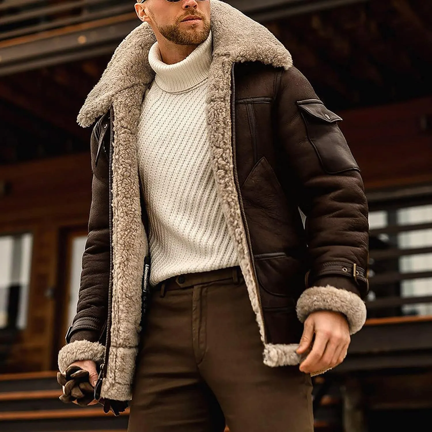 Ymosrh Men's Leather Coats Faux Sherpa Lined Bomber Jacket Winter Warm Turn-Down Collar Coats Jacket, M-5XL