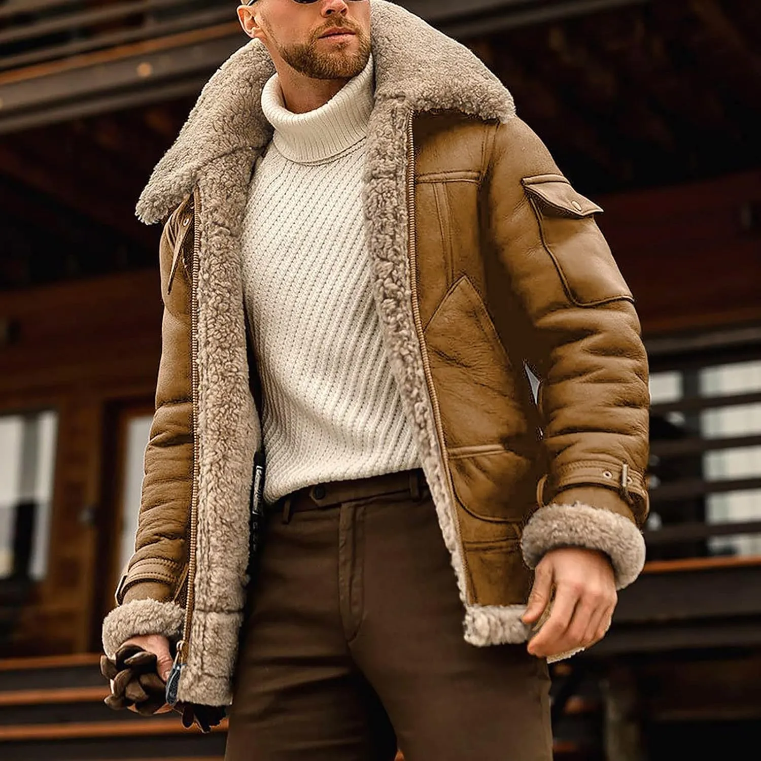 Ymosrh Men's Leather Jacket Faux Sherpa Lined Bomber Jacket Winter Warm Turn-Down Collar Coats Jackets, M-5XL