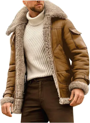 Ymosrh Men's Leather Jacket Faux Sherpa Lined Bomber Jacket Winter Warm Turn-Down Collar Coats Jackets, M-5XL