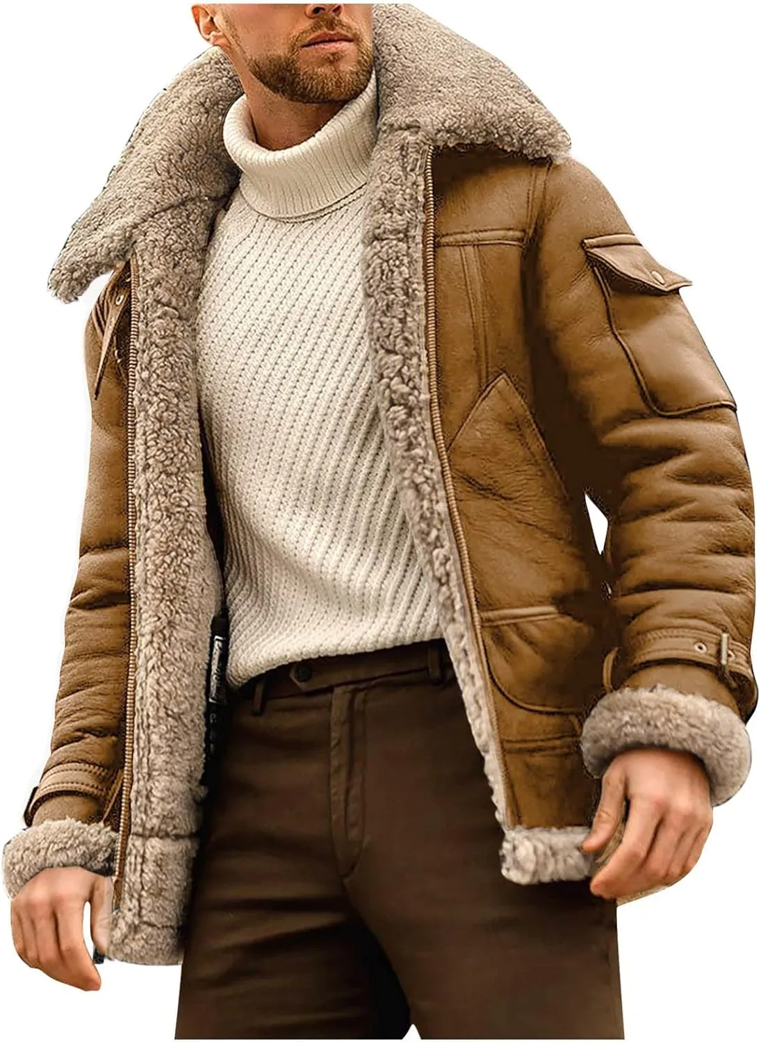 Ymosrh Men's Leather Jacket Faux Sherpa Lined Bomber Jacket Winter Warm Turn-Down Collar Coats Jackets, M-5XL