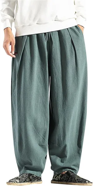 Ymosrh Thick Winter Pants for Men Linen Harem Pants Cotton Casual Trousers Wide Leg Pants Lightweight Big and Tall