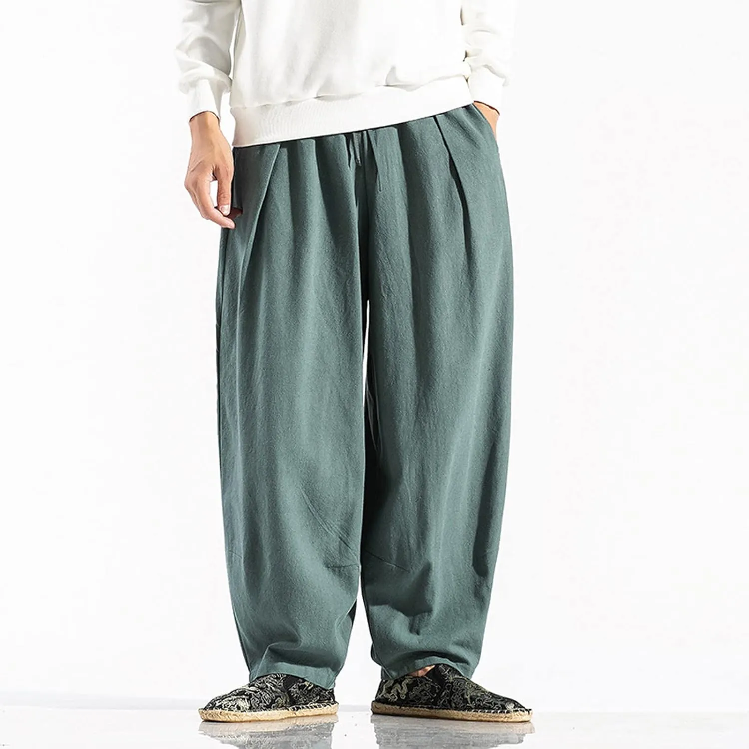Ymosrh Thick Winter Pants for Men Linen Harem Pants Cotton Casual Trousers Wide Leg Pants Lightweight Big and Tall