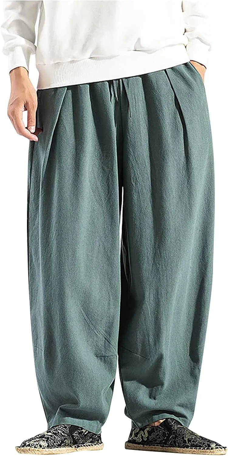 Ymosrh Thick Winter Pants for Men Linen Harem Pants Cotton Casual Trousers Wide Leg Pants Lightweight Big and Tall
