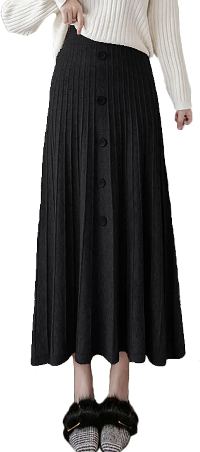 Youhan Women's High Waist A-Line Pleated Knitted Skirt