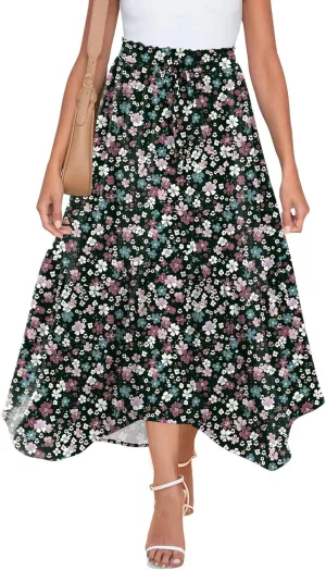 Zeagoo Long Skirts for Women High Waist A Line Skirt Casual Flowy Tiered Skirt with Pockets Summer Floral Boho Skirt
