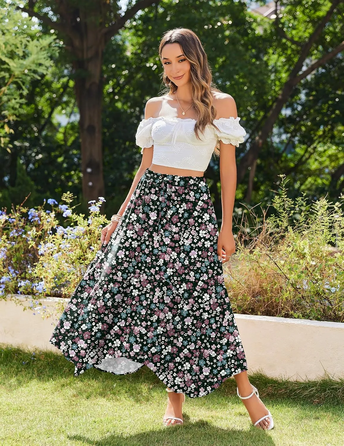 Zeagoo Long Skirts for Women High Waist A Line Skirt Casual Flowy Tiered Skirt with Pockets Summer Floral Boho Skirt