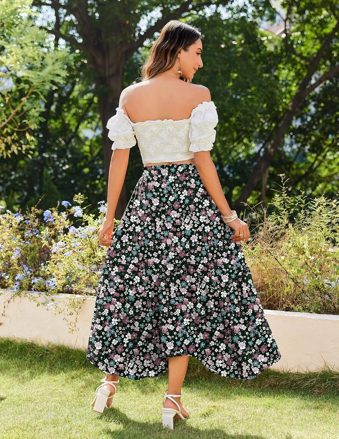 Zeagoo Long Skirts for Women High Waist A Line Skirt Casual Flowy Tiered Skirt with Pockets Summer Floral Boho Skirt