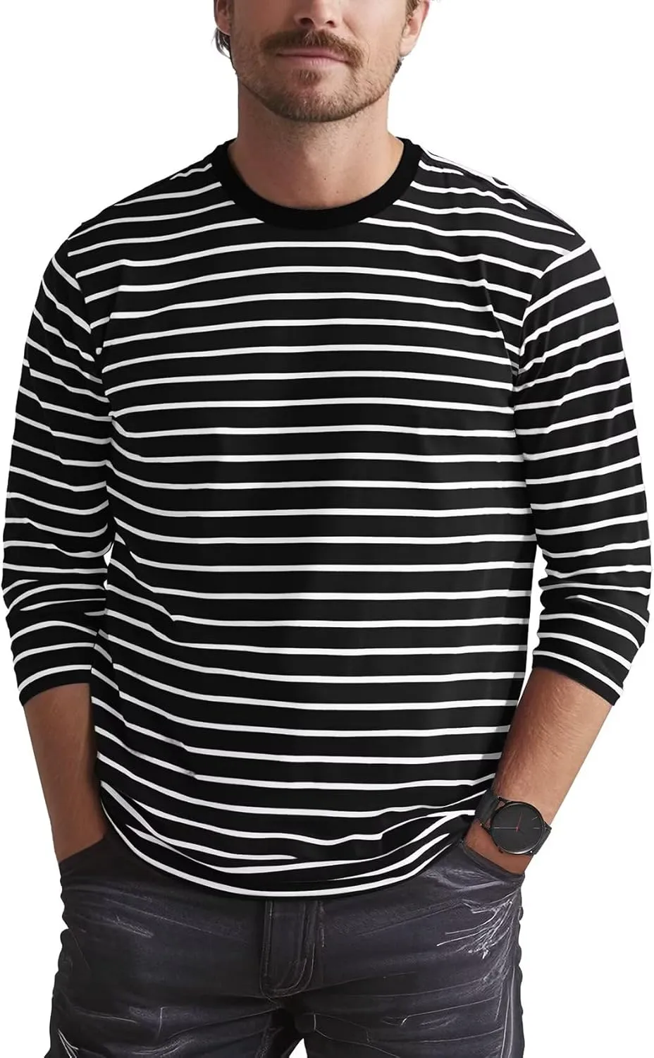 Zengjo Men's Casual Cotton Spandex Striped Crewneck Long-Sleeve T-Shirt Basic Pullover Stripe tee Shirt