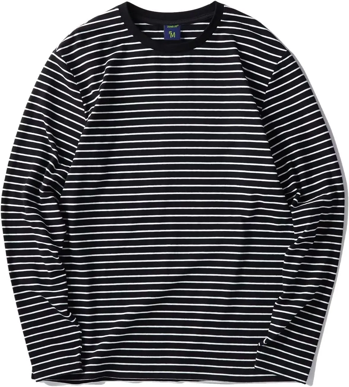 Zengjo Men's Casual Cotton Spandex Striped Crewneck Long-Sleeve T-Shirt Basic Pullover Stripe tee Shirt