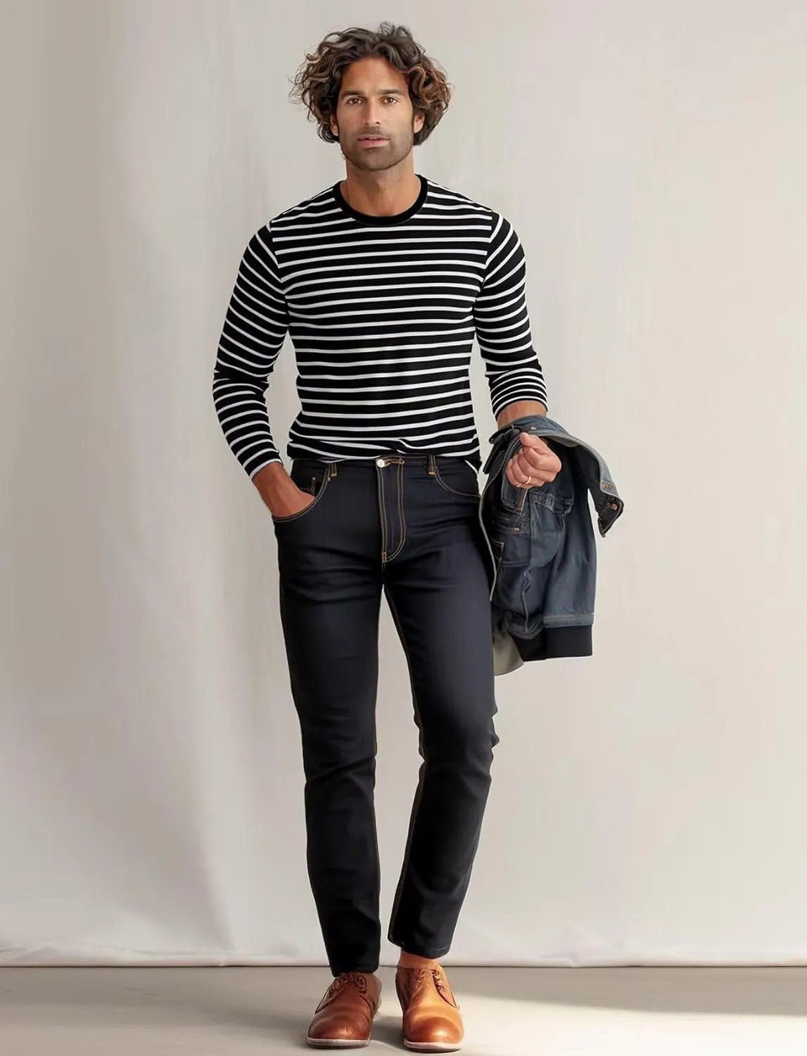 Zengjo Men's Casual Cotton Spandex Striped Crewneck Long-Sleeve T-Shirt Basic Pullover Stripe tee Shirt