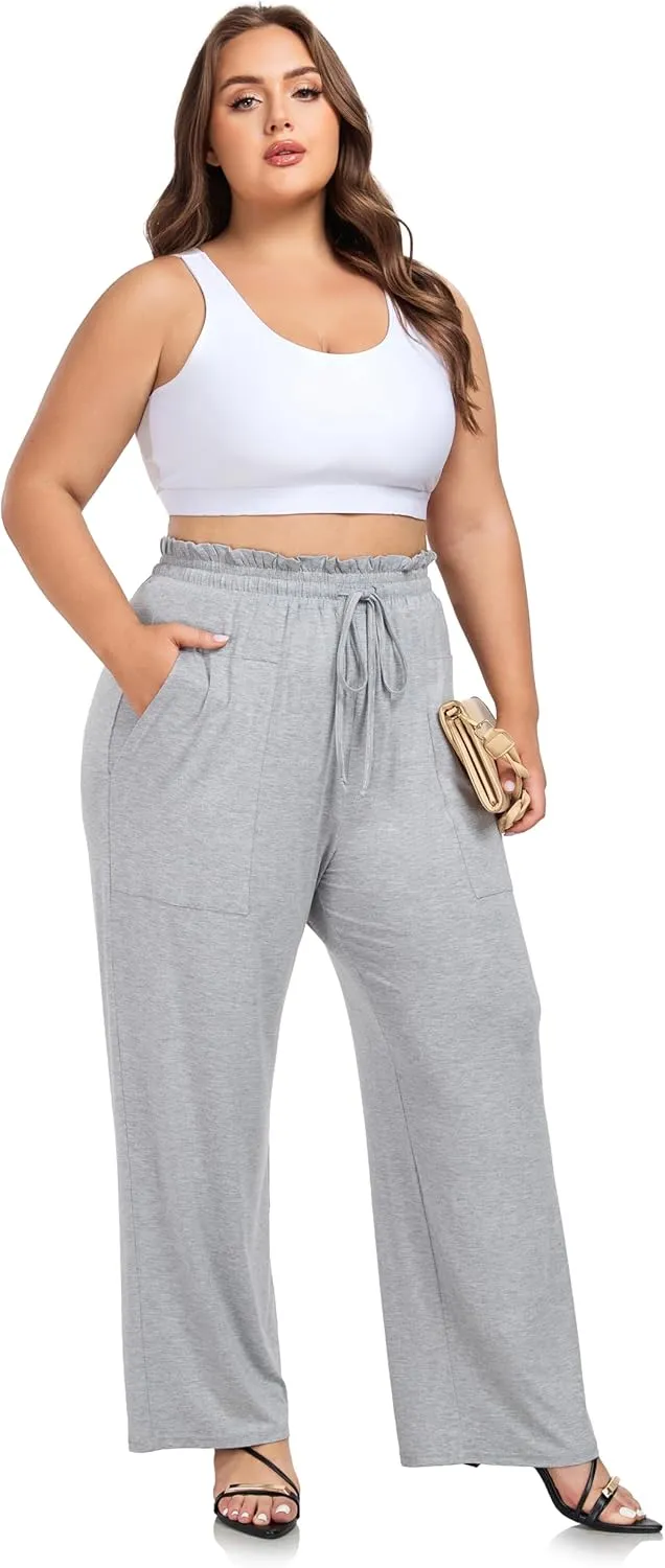 ZERDOCEAN Women's Plus Size Wide Leg Pants High Waisted Casual Lounge Yoga Pants with Drawstring Pockets