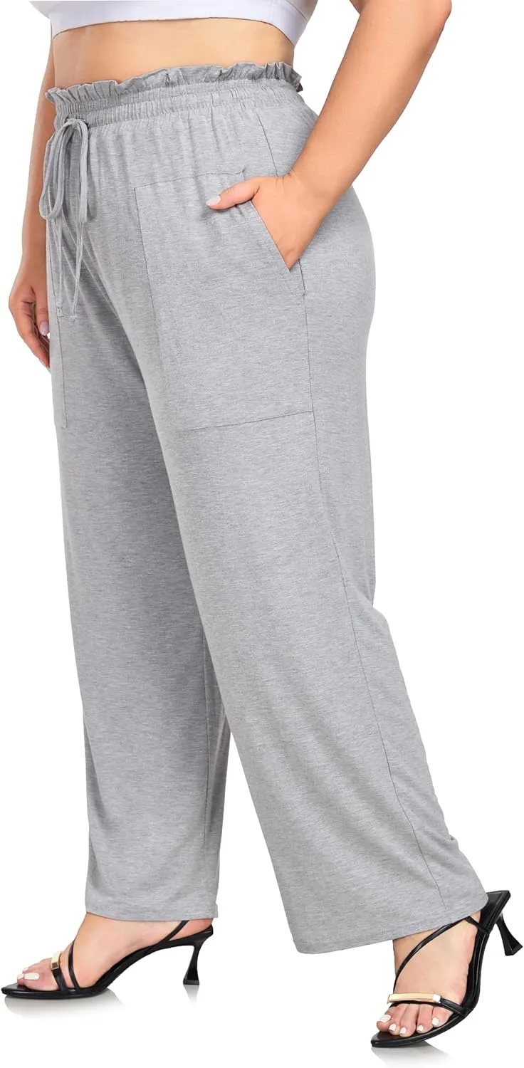 ZERDOCEAN Women's Plus Size Wide Leg Pants High Waisted Casual Lounge Yoga Pants with Drawstring Pockets