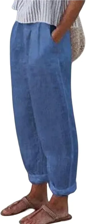 ZOCANIA Cotton Linen Pants for Women Floral Printed Beach Pants Elastic Waist Cropped Trousers Boho Pants with Pockets
