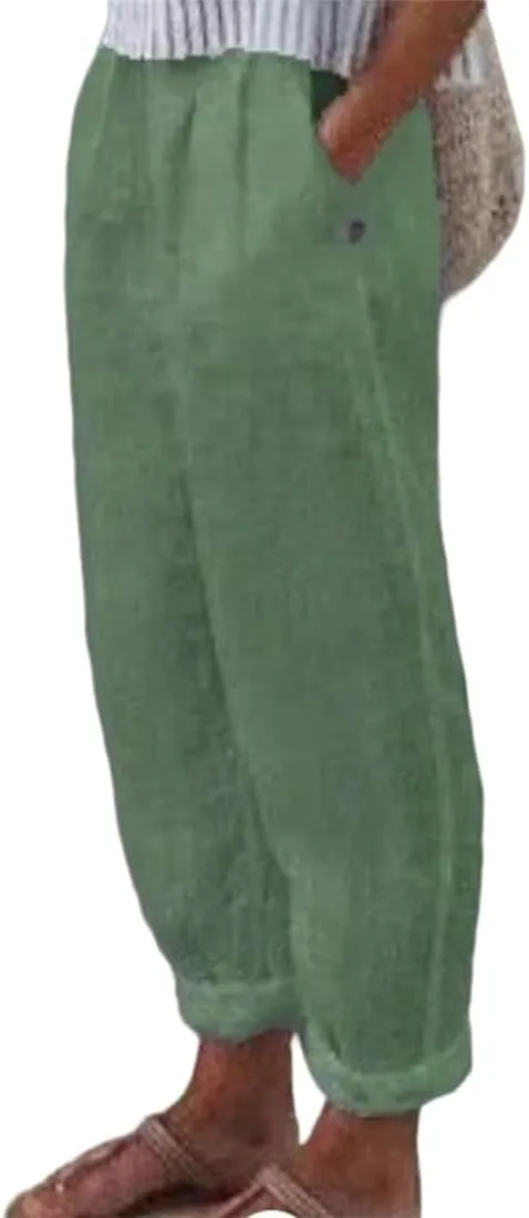 ZOCANIA Cotton Linen Pants for Women Floral Printed Beach Pants Elastic Waist Cropped Trousers Boho Pants with Pockets