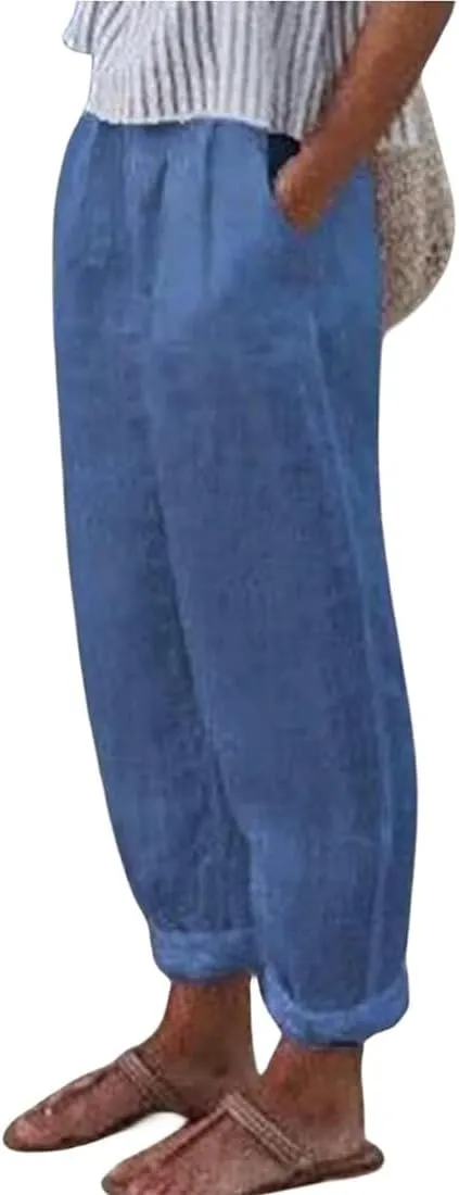 ZOCANIA Cotton Linen Pants for Women Floral Printed Beach Pants Elastic Waist Cropped Trousers Boho Pants with Pockets