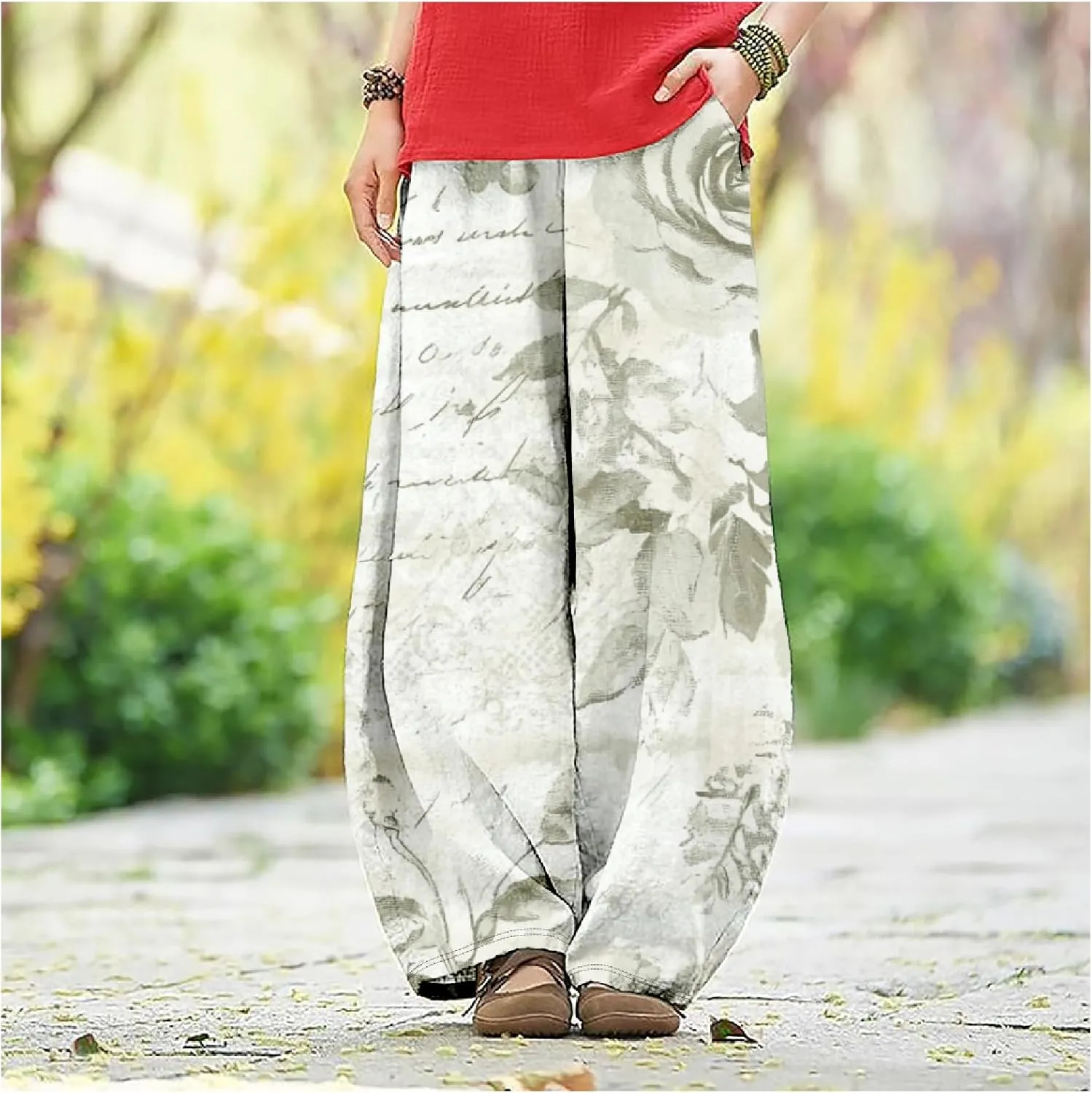 ZOCAVIA Cotton Linen Pants for Women Summer Causal Baggy Wide Leg Pants Waist Elastic Relax Fit Lantern Trouser with Pockets